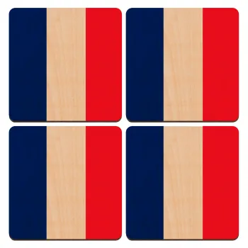 France flag, ΣΕΤ x4 Σουβέρ ξύλινα τετράγωνα plywood (9cm)