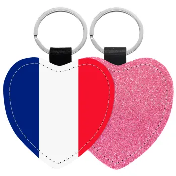 France flag, Μπρελόκ PU δερμάτινο glitter καρδιά ΡΟΖ