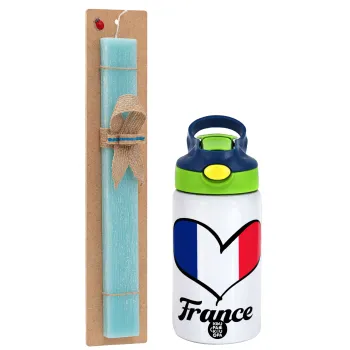 France flag, Easter Set, Children's thermal stainless steel bottle with safety straw, green/blue (350ml) & aromatic flat Easter candle (30cm) (TURQUOISE)