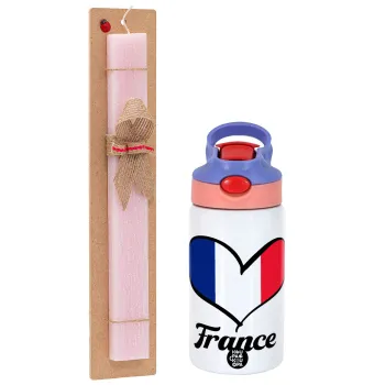 France flag, Easter Set, Children's thermal stainless steel water bottle with safety straw, pink/purple (350ml) & Easter scented flat candle (30cm) (PINK)