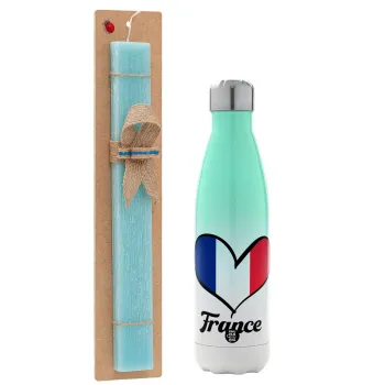 France flag, Πασχαλινή Λαμπάδα με Μεταλλικό παγούρι θερμός Πράσινο/Λευκό (Stainless steel), διπλού τοιχώματος, 500ml & κερί αρωματικό πλακέ (30cm) (ΤΙΡΚΟΥΑΖ)