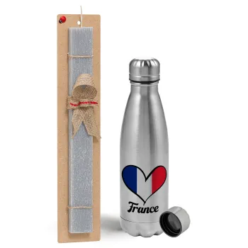 France flag, Easter Set, metallic Inox water bottle (750ml) & aromatic flat Easter candle (30cm) (GRAY)
