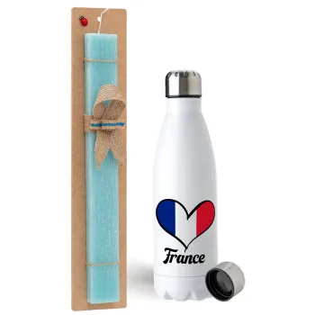 France flag, Πασχαλινή Λαμπάδα με μεταλλικό παγούρι ανοξείδωτο (750ml) & κερί αρωματικό πλακέ (30cm) (ΤΙΡΚΟΥΑΖ)