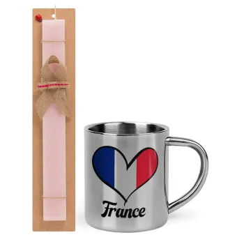 France flag, Easter Set, metallic thermal cup (300ml) & aromatic flat Easter candle (30cm) (PINK)