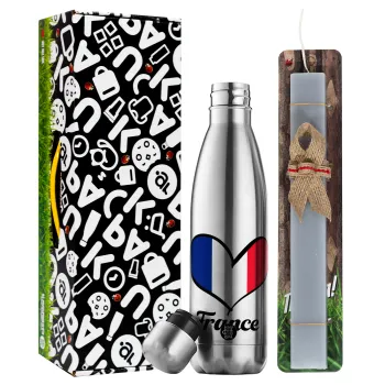 France flag, Easter Set, metallic stainless thermos flask (500ml) & scented flat Easter candle (30cm) (GRAY)