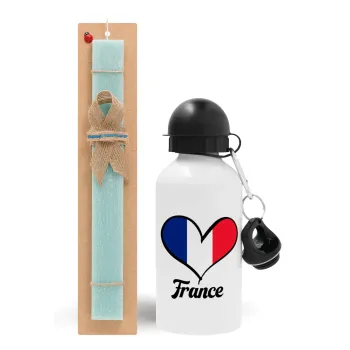 France flag, Easter Set, metallic aluminum water bottle (500ml) & scented flat candle (30cm) (TURQUOISE)