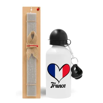France flag, Easter Set, metallic aluminum water bottle (500ml) & aromatic flat Easter candle (30cm) (GRAY)