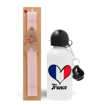 France flag, Easter Set, metallic aluminum bottle (500ml) & aromatic flat Easter candle (30cm) (PINK)