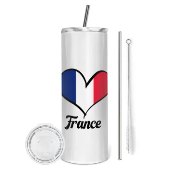 France flag, Tumbler ποτήρι θερμό από ανοξείδωτο ατσάλι 600ml, με μεταλλικό καλαμάκι & βούρτσα καθαρισμού