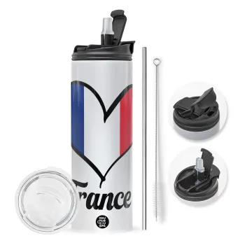 France flag, Travel Tumbler θερμό με διπλό καπάκι, μεταλλικό καλαμάκι και βούρτσα καθαρισμού (Ανωξείδωτο 304 Food grade, BPA free, 600ml)