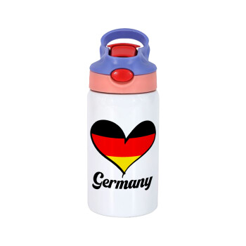 Germany flag, Children's hot water bottle, stainless steel, with safety straw, pink/purple (350ml)