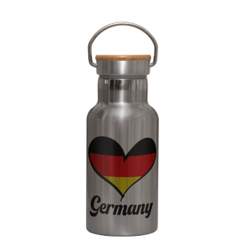 Germany flag, Stainless steel metallic thermos flask, silver with a bamboo lid, double-walled, 350ml.