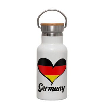 Germany flag, Metallic thermos (Stainless steel) White with wooden lid (bamboo), double-walled, 350ml