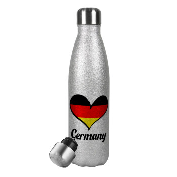 Germany flag, Μεταλλικό παγούρι θερμός Glitter Aσημένιο (Stainless steel), διπλού τοιχώματος, 500ml