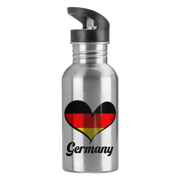 Germany flag, Water bottle Silver with straw, stainless steel 600ml