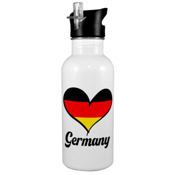 Germany flag, Παγούρι νερού Λευκό με καλαμάκι, ανοξείδωτο ατσάλι 600ml