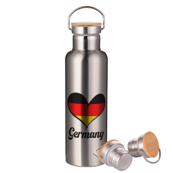 Germany flag, Stainless steel Silver with wooden lid (bamboo), double wall, 750ml