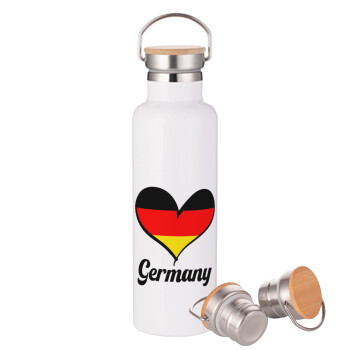 Germany flag, Stainless steel White with wooden lid (bamboo), double wall, 750ml