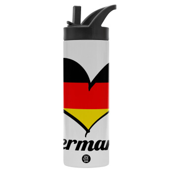 Germany flag, Metallic thermos bottle with straw & handle, stainless steel (Stainless steel 304), double-walled, 600ml.