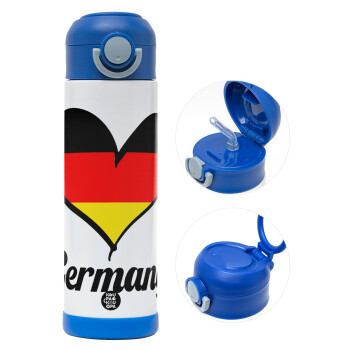 Germany flag, Children's hot water bottle, stainless steel, with safety straw, BLUE (500ml)