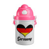 Germany flag, Ροζ παιδικό παγούρι πλαστικό (BPA-FREE) με καπάκι ασφαλείας, κορδόνι και καλαμάκι, 400ml