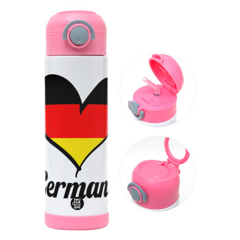 Germany flag, Children's hot water bottle, stainless steel, with safety straw, PINK (500ml)