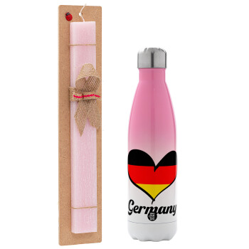 Germany flag, Easter Set, Metallic pink/white (Stainless steel) thermos, double-walled, 500ml & aromatic flat Easter candle (30cm) (PINK)