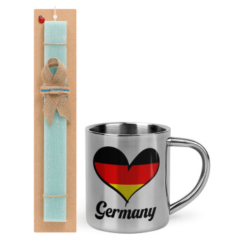 Germany flag, Easter Set, metallic thermal cup (300ml) & aromatic flat Easter candle (30cm) (TURQUOISE)