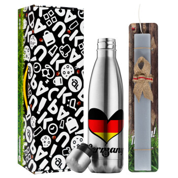 Germany flag, Easter Set, metallic stainless thermos flask (500ml) & scented flat Easter candle (30cm) (GRAY)