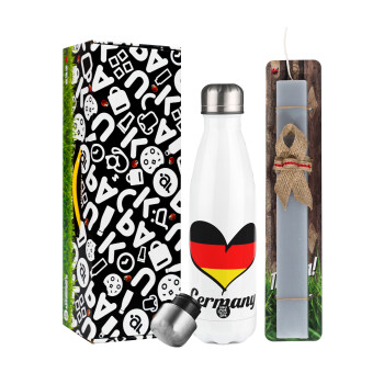 Germany flag, Easter candle, metallic white thermos bottle (500ml) & aromatic flat candle (30cm) (GRAY)