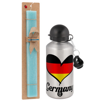 Germany flag, Easter Set, metallic silver aluminum water bottle (500ml) & scented flat Easter candle (30cm) (TURQUOISE)