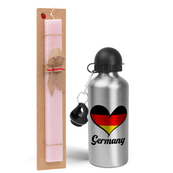 Germany flag, Easter Set, metallic Silver aluminum water bottle (500ml) & scented flat Easter candle (30cm) (PINK)