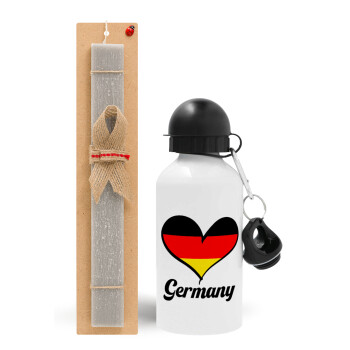 Germany flag, Easter Set, metallic aluminum water bottle (500ml) & aromatic flat Easter candle (30cm) (GRAY)