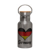 Stainless steel metallic thermos flask, silver with a bamboo lid, double-walled, 350ml.