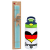 Easter Set, Children's thermal stainless steel bottle with safety straw, green/blue (350ml) & aromatic flat Easter candle (30cm) (TURQUOISE)