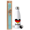 Easter Set, metallic stainless steel water bottle (750ml) & aromatic flat Easter candle (30cm) (TURQUOISE)