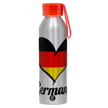 Germany flag, Aluminum Sports Bottle 650ml – Silver with Red Cap and Silicone Strap