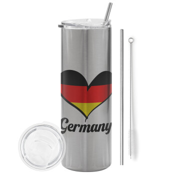 Germany flag, Eco friendly ποτήρι θερμό Ασημένιο (tumbler) από ανοξείδωτο ατσάλι 600ml, με μεταλλικό καλαμάκι & βούρτσα καθαρισμού