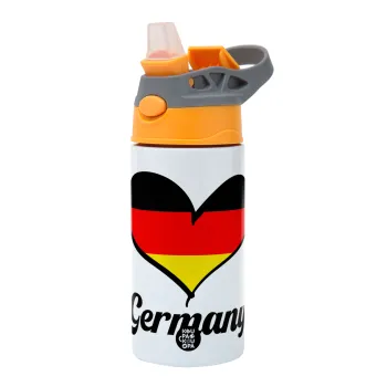 Germany flag, Children's hot water bottle, stainless steel, with safety straw, Orange/Grey (360ml) BPA-FREE