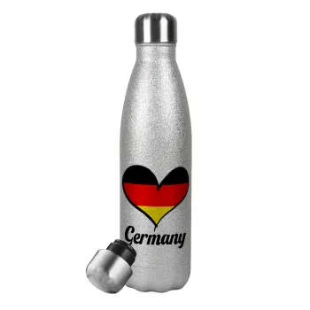 Germany flag, Μεταλλικό παγούρι θερμός Glitter Aσημένιο (Stainless steel), διπλού τοιχώματος, 500ml