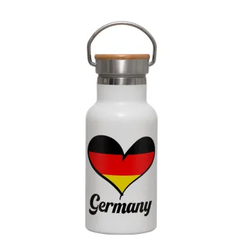 Germany flag, Μεταλλικό παγούρι θερμός (Stainless steel) Λευκό με ξύλινο καπακι (bamboo), διπλού τοιχώματος, 350ml