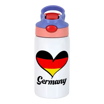 Germany flag, Children's hot water bottle, stainless steel, with safety straw, pink/purple (350ml)