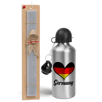 Germany flag, Easter Set, metallic silver aluminum water bottle (500ml) & aromatic flat Easter candle (30cm) (GRAY)