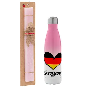 Germany flag, Easter Set, Metallic pink/white (Stainless steel) thermos, double-walled, 500ml & aromatic flat Easter candle (30cm) (PINK)