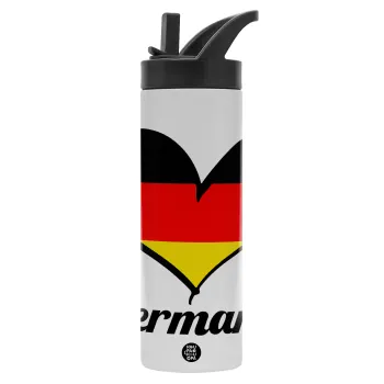 Germany flag, Metallic thermos bottle with straw & handle, stainless steel (Stainless steel 304), double-walled, 600ml.