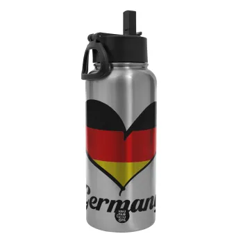Germany flag, Μεταλλικό παγούρι θερμός Silver με καλαμάκι και χερούλι (Stainless steel), διπλού τοιχώματος, 950ml