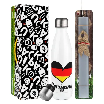 Germany flag, Easter candle, metallic white thermos bottle (500ml) & aromatic flat candle (30cm) (GRAY)