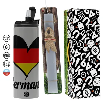 Germany flag, Πασχαλινή Λαμπάδα με Travel Tumbler θερμό (600ml, BPA free) & κερί αρωματικό πλακέ (30cm) (ΓΚΡΙ)