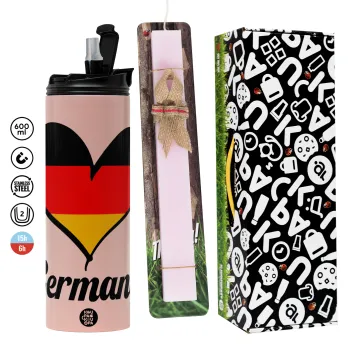 Germany flag, Πασχαλινή Λαμπάδα με  ΡΟΖ Travel Tumbler θερμό (600ml, BPA free) & κερί αρωματικό πλακέ (30cm) (ΡΟΖ)