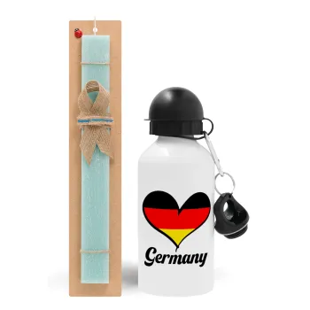 Germany flag, Easter Set, metallic aluminum water bottle (500ml) & scented flat candle (30cm) (TURQUOISE)